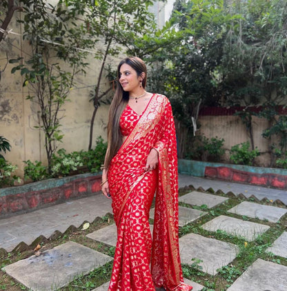 Hot Red Viscose Georgette Saree