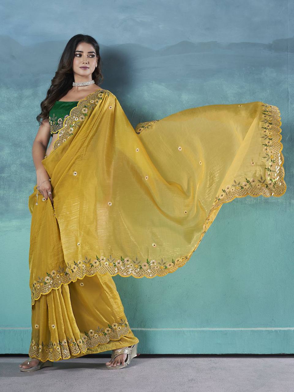 Indian Yellow Fancy Gold Crunchy Saree