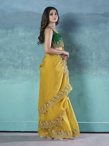 Indian Yellow Fancy Gold Crunchy Saree