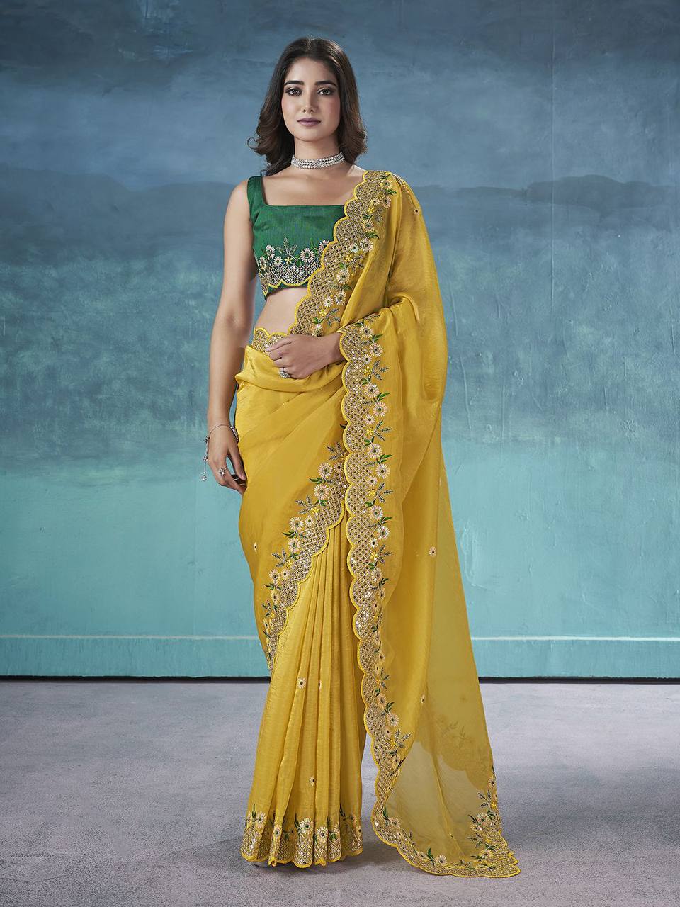 Indian Yellow Fancy Gold Crunchy Saree