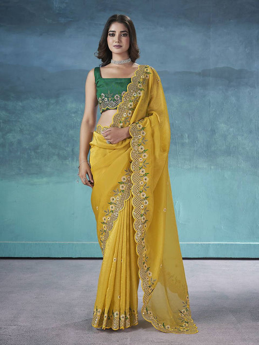 Indian Yellow Fancy Gold Crunchy Saree