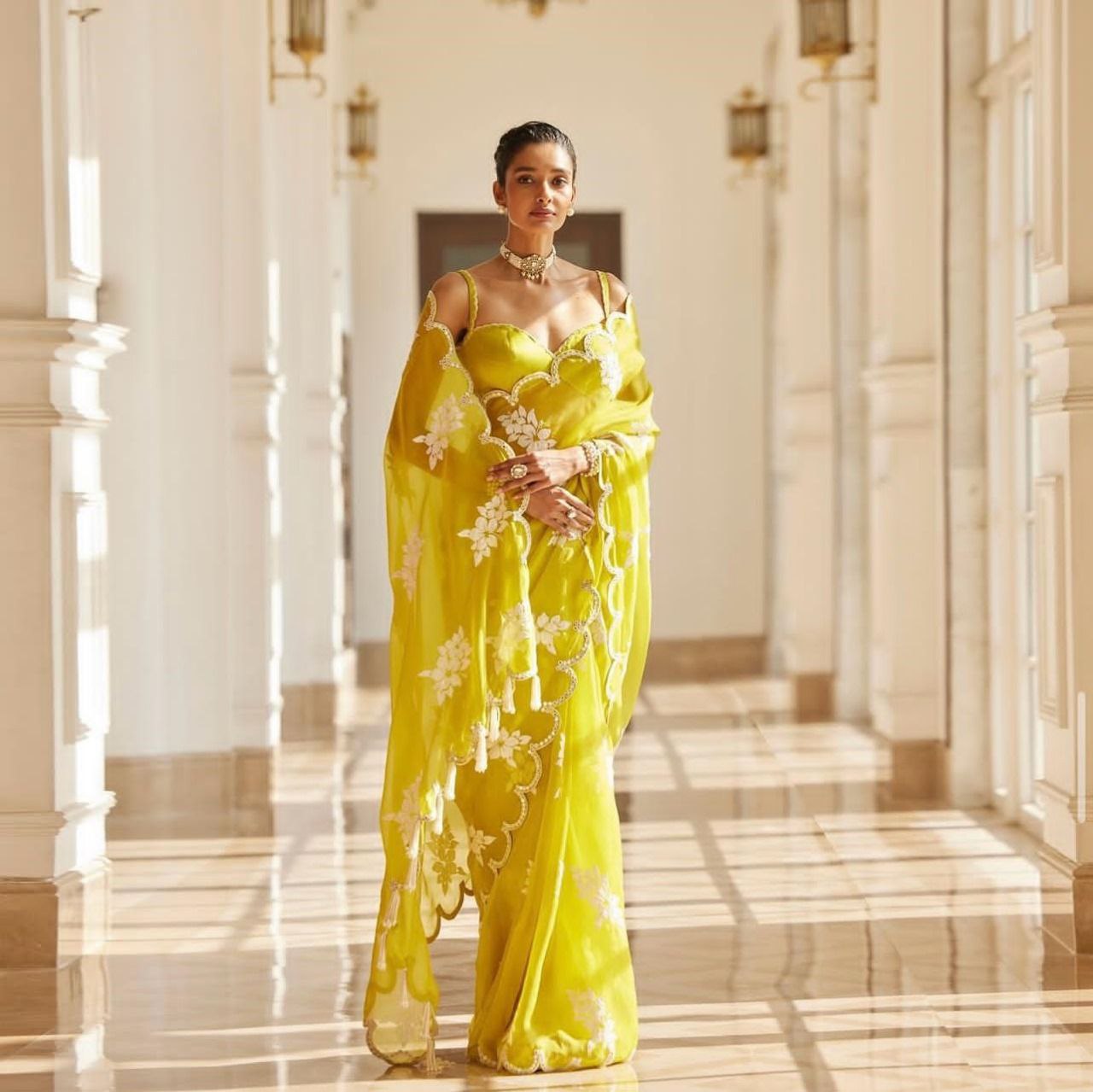 Indian Yellow Stylish Zimmy Choo Silk Saree | Clone Design