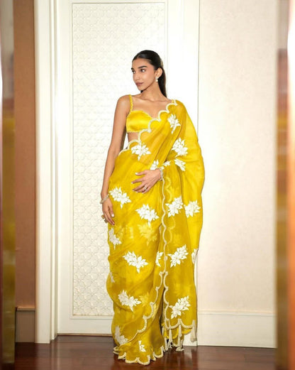 Indian Yellow Stylish Zimmy Choo Silk Saree | Clone Design