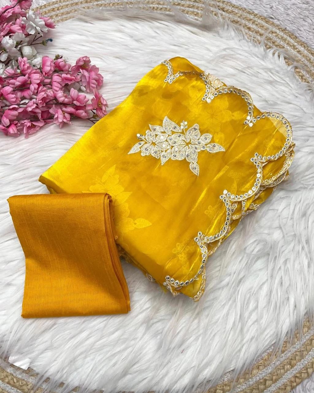 Indian Yellow Stylish Zimmy Choo Silk Saree | Clone Design