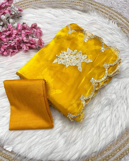 Indian Yellow Stylish Zimmy Choo Silk Saree | Clone Design