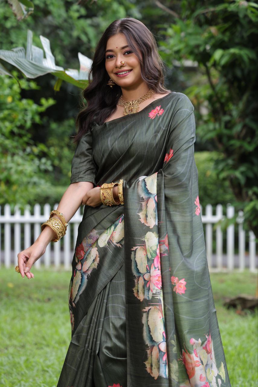 Jungle Green Lotus Printed Tussar Silk Saree