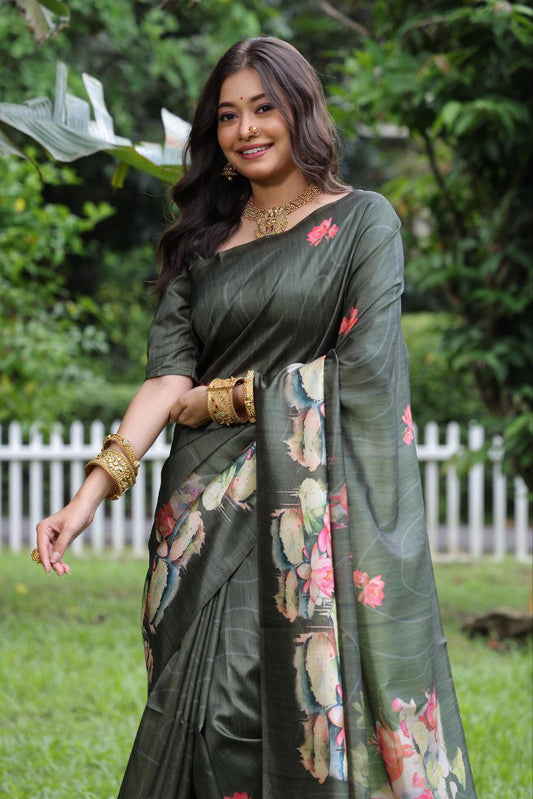 Jungle Green Lotus Printed Tussar Silk Saree