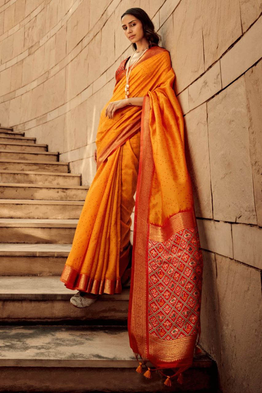 Women Orange Color Khadi Raw Silk Saree For Wedding