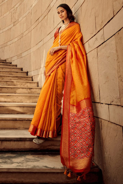 Women Orange Color Khadi Raw Silk Saree For Wedding
