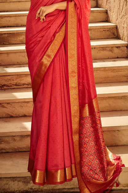 Red Color Kaadi Raw Silk Saree For Women Wedding