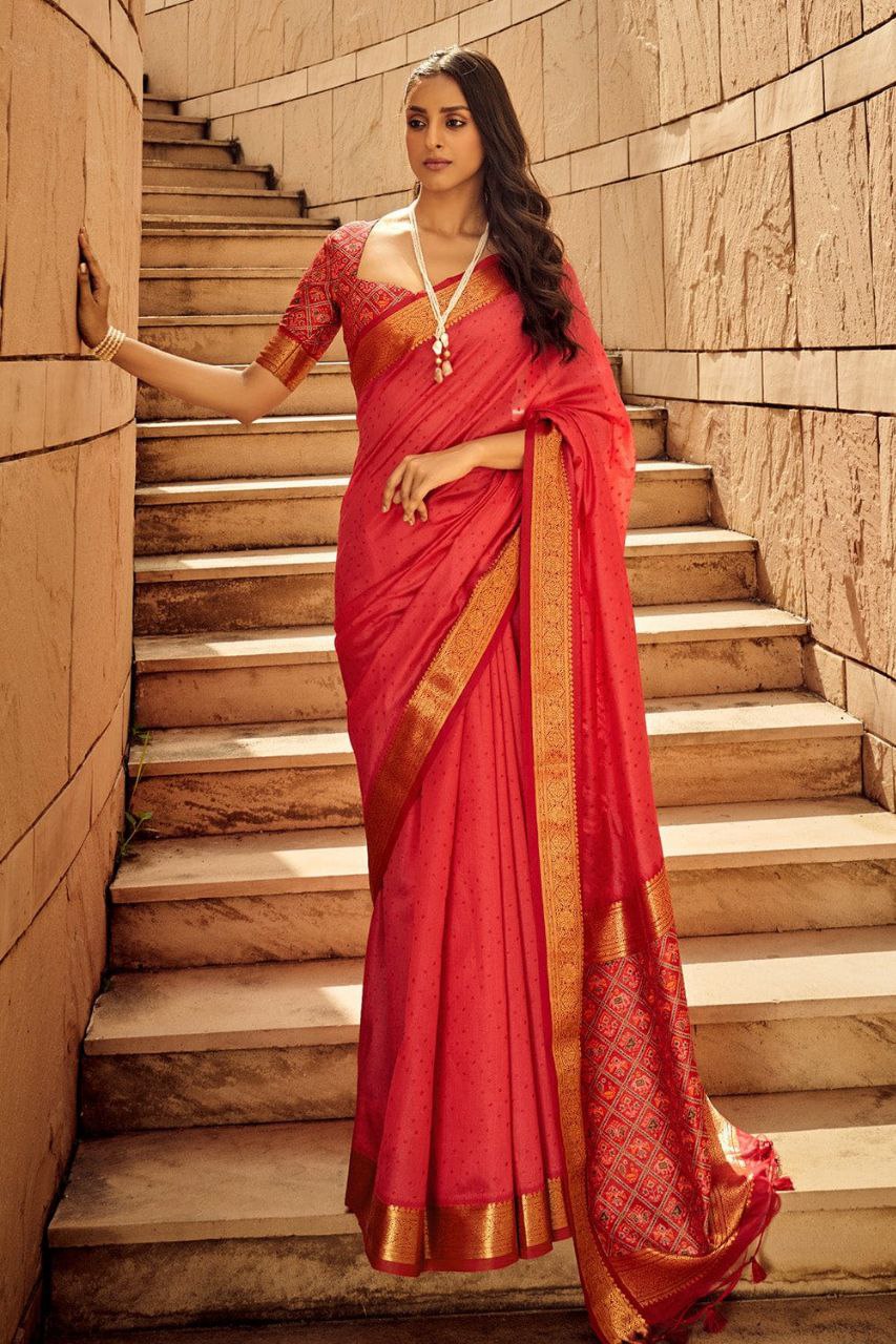 Red Color Kaadi Raw Silk Saree For Women Wedding