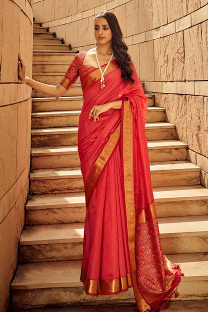 Red Color Kaadi Raw Silk Saree For Women Wedding