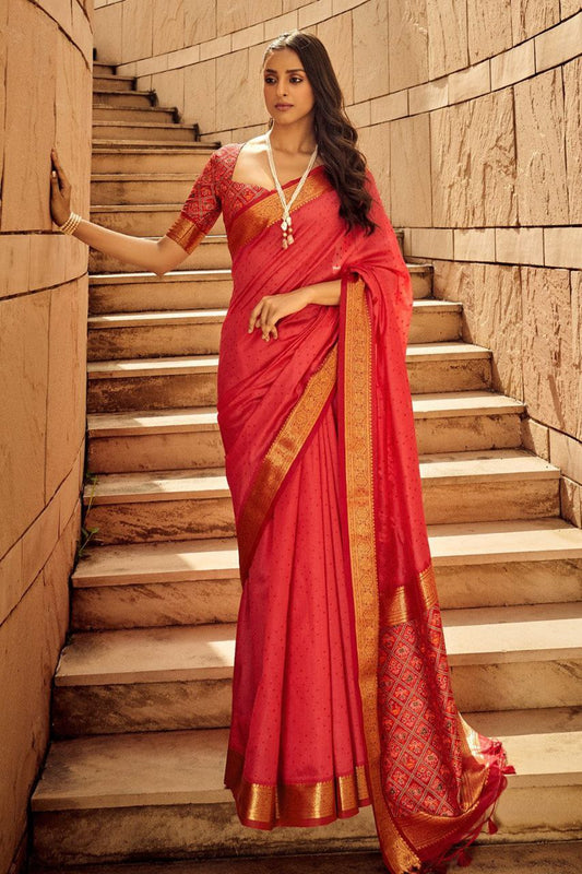 Red Color Kaadi Raw Silk Saree For Women Wedding