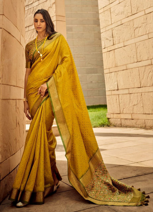 Yellow Kaadi Raw Silk Saree For Women