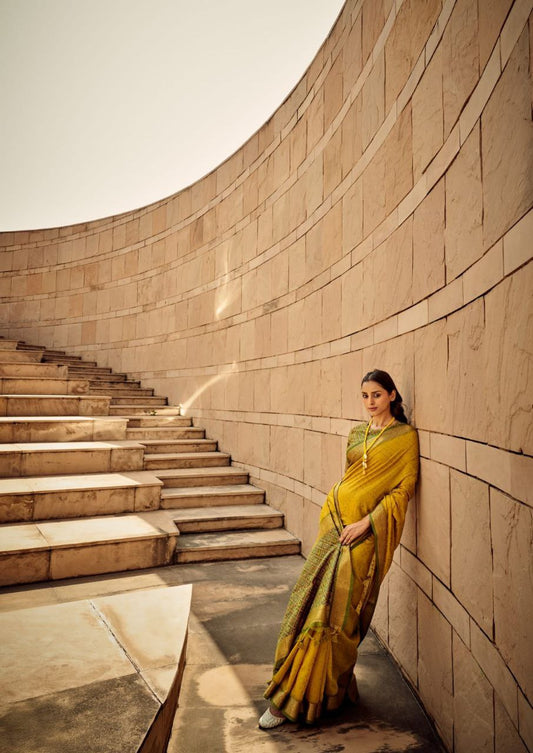 Yellow Kaadi Raw Silk Saree For Women