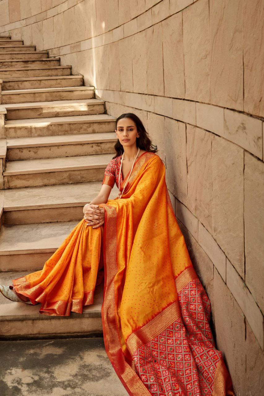 Women Orange Color Khadi Raw Silk Saree For Wedding
