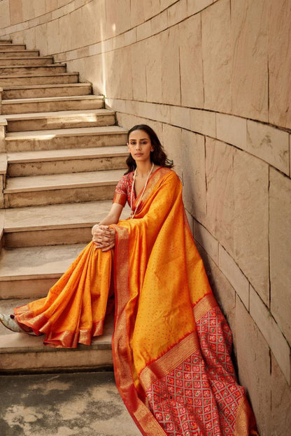 Women Orange Color Khadi Raw Silk Saree For Wedding