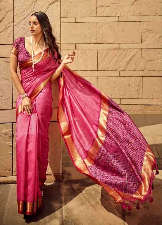 Women Pink Khadi Raw Silk Saree For Wedding Events