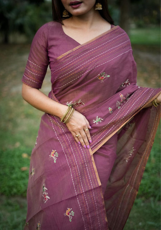 Wine Khadee Tussar Silk Saree