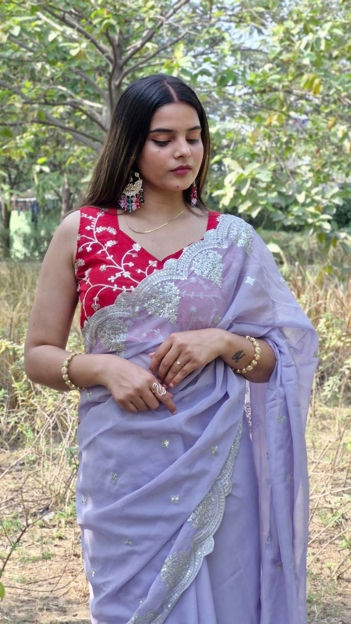 Lavender Bollywood Style Organza Saree