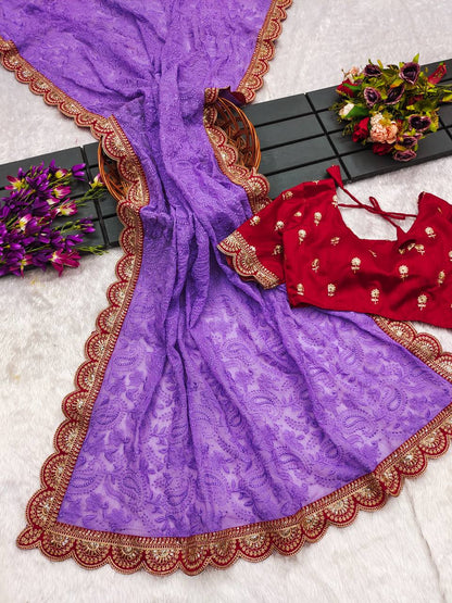 Lavender Chikankari Work Georgette Saree