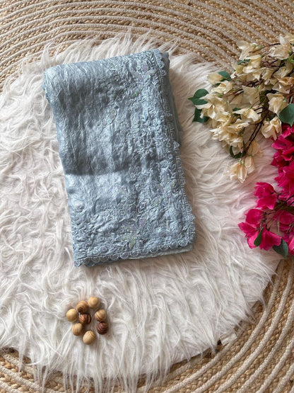 Sky Crushed Fancy Tissue Silk Saree