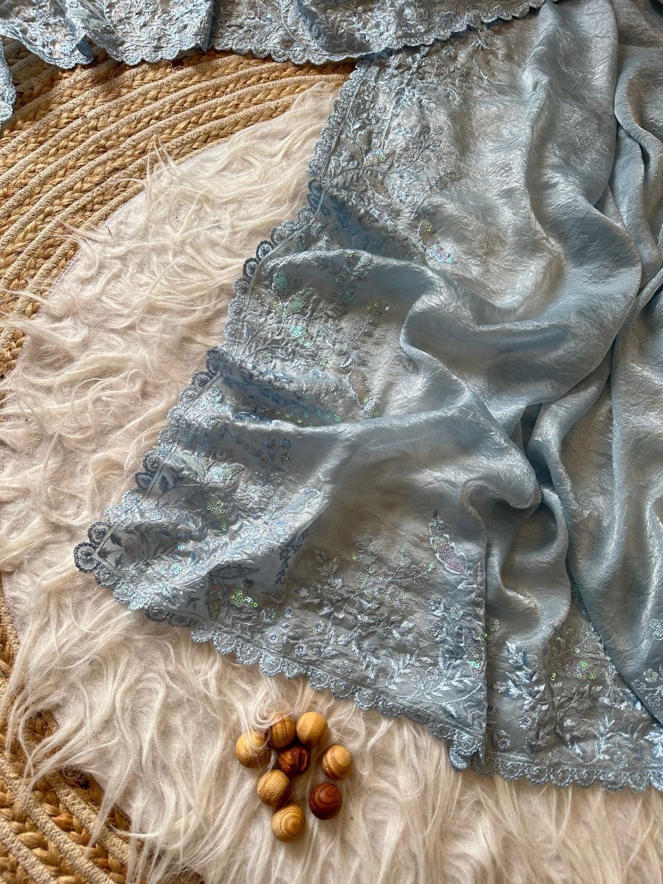 Sky Crushed Fancy Tissue Silk Saree