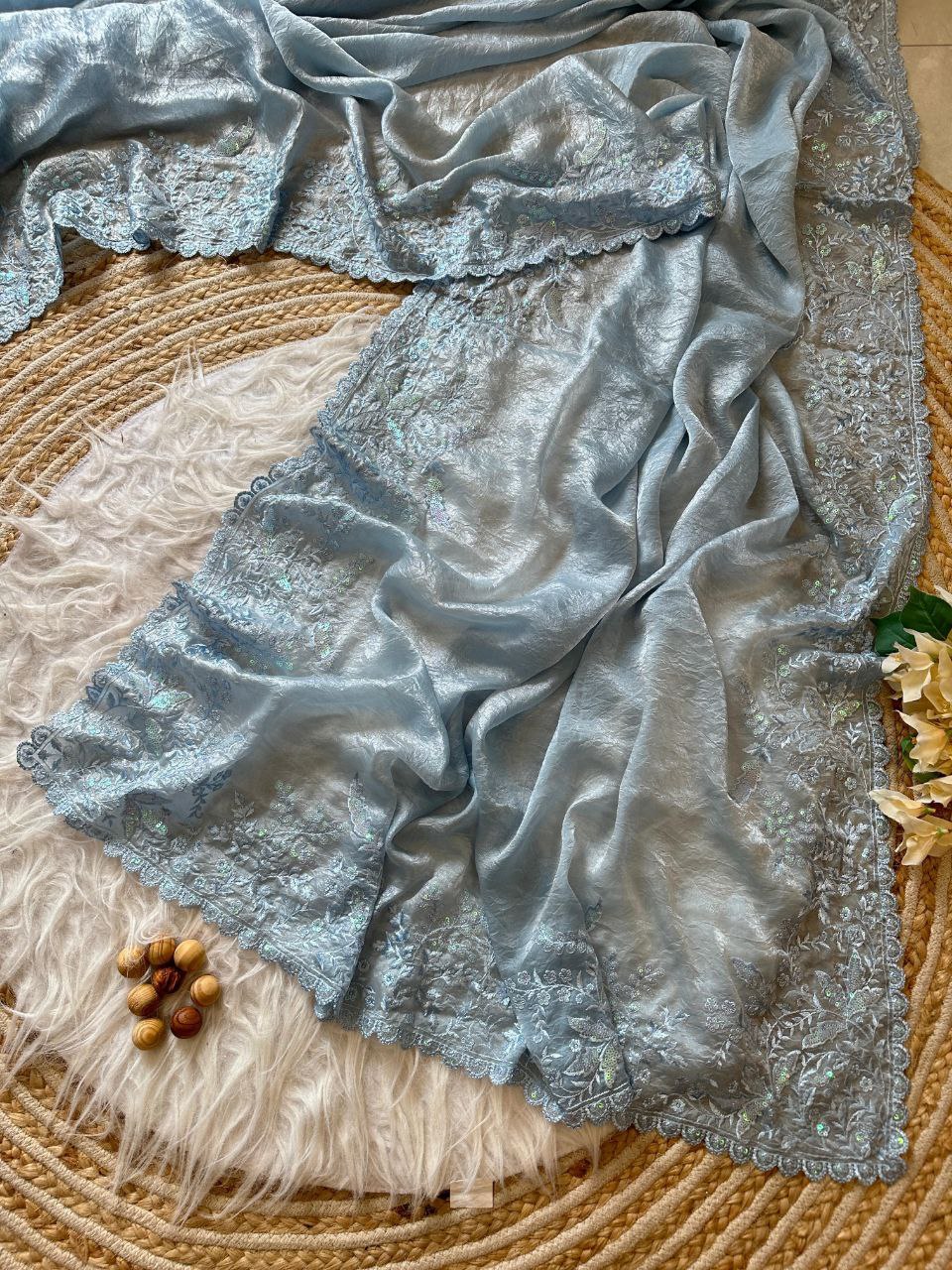 Sky Crushed Fancy Tissue Silk Saree