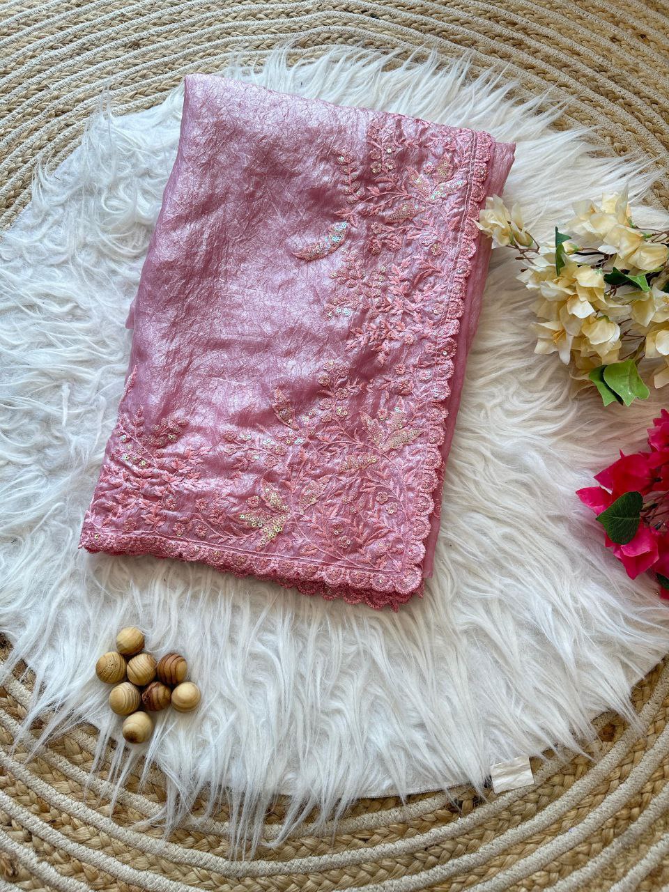 Pink Crushed Fancy Tissue Silk Saree