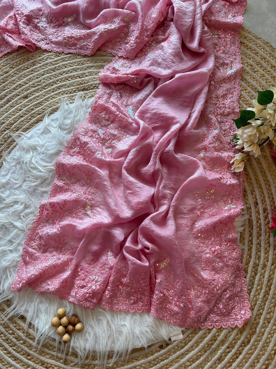 Pink Crushed Fancy Tissue Silk Saree