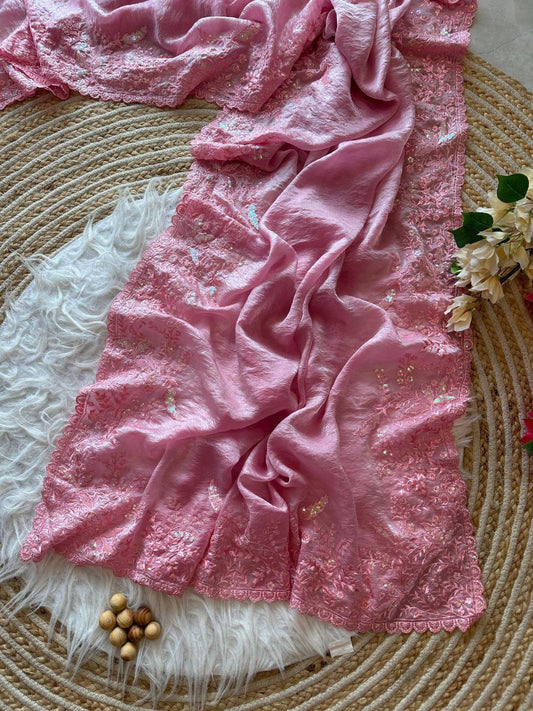 Pink Crushed Fancy Tissue Silk Saree