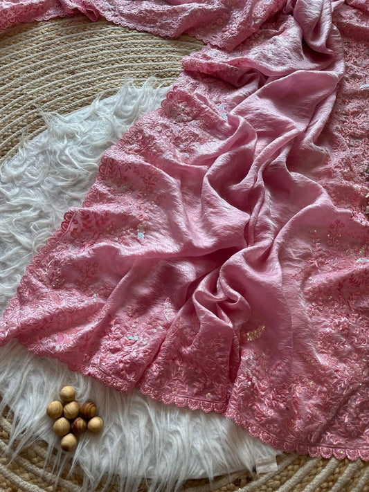 Pink Crushed Fancy Tissue Silk Saree