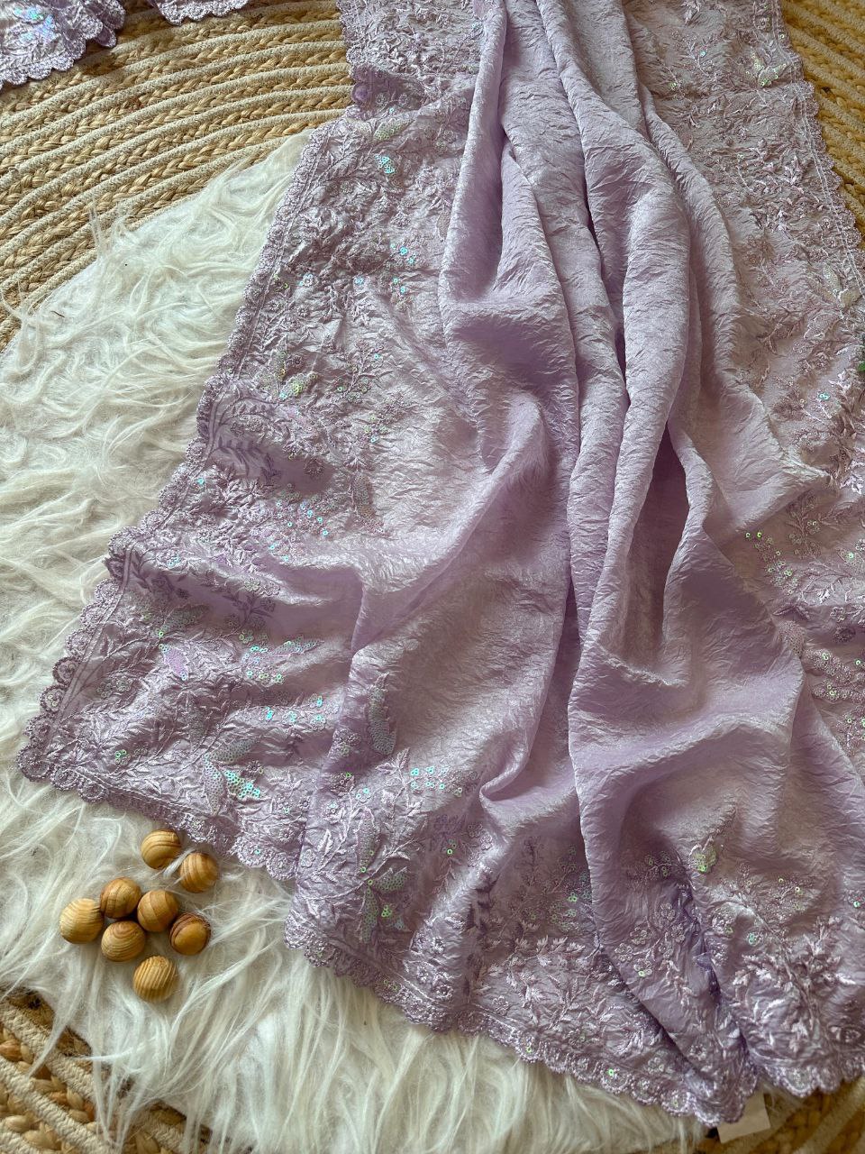 Lavender Crushed Fancy Tissue Silk Saree