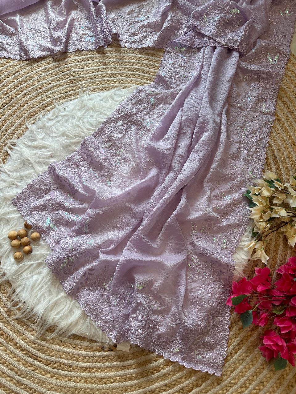 Lavender Crushed Fancy Tissue Silk Saree
