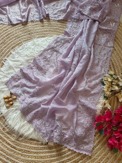 Lavender Crushed Fancy Tissue Silk Saree