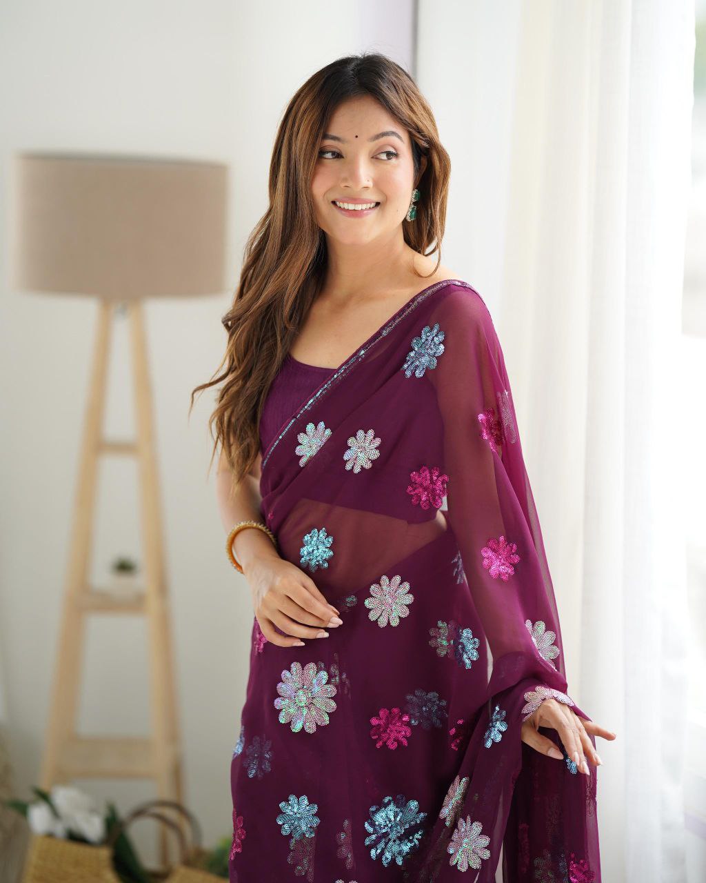 Grape Purple Designer Party Wear Georgette Saree