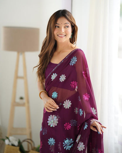 Grape Purple Designer Party Wear Georgette Saree