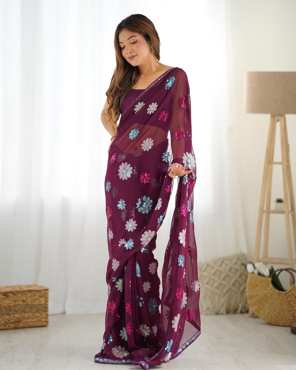 Grape Purple Designer Party Wear Georgette Saree