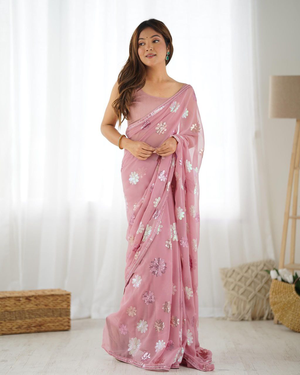 Onion Pink Designer Party Wear Georgette Saree