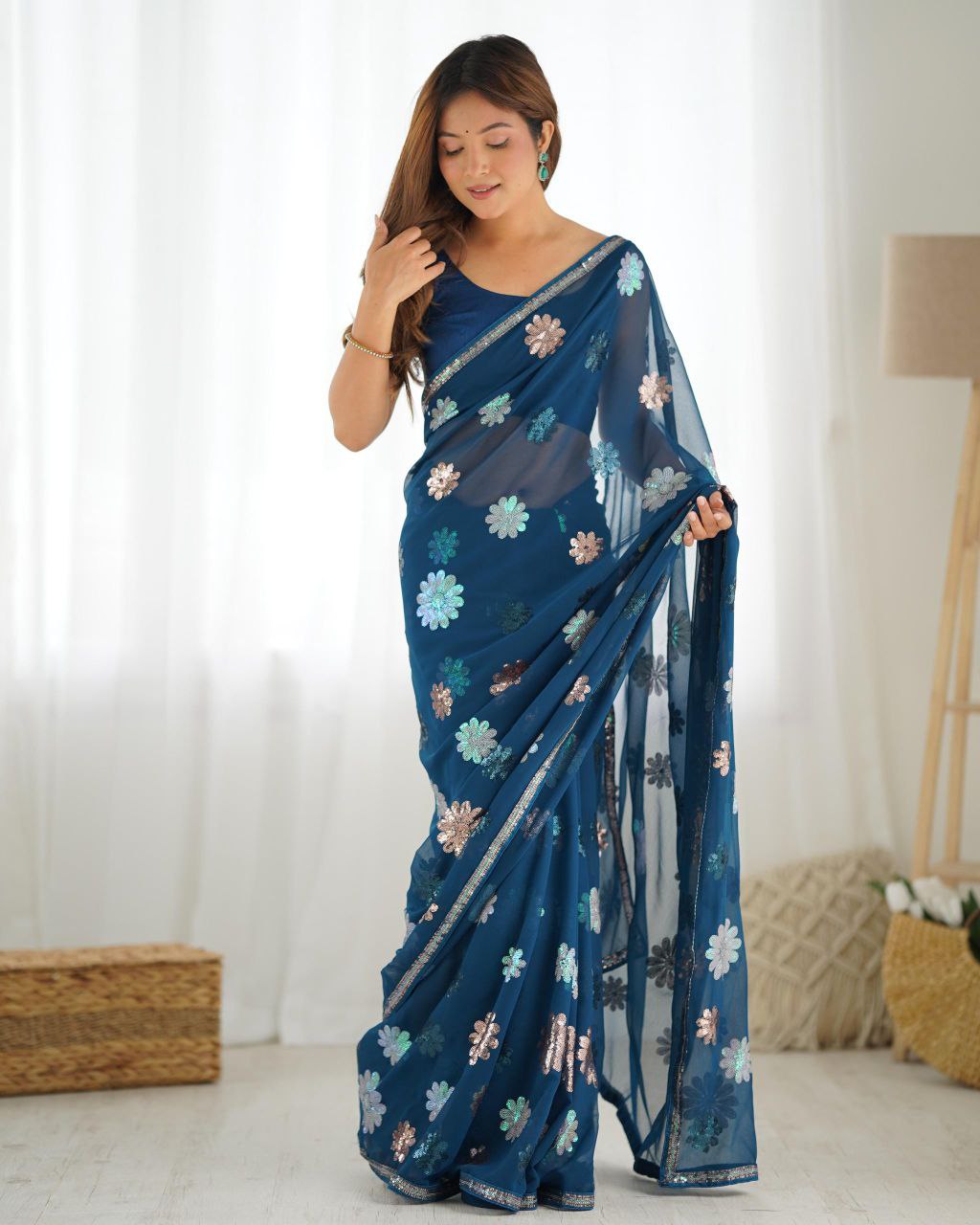 Nile Blue Designer Party Wear Georgette Saree