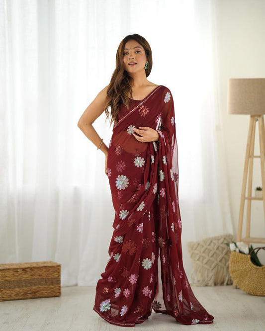 Maroon Designer Party Wear Georgette Saree