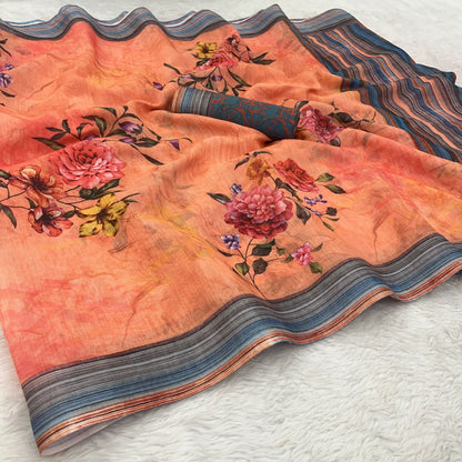 Peach Digital Printed Linen Saree