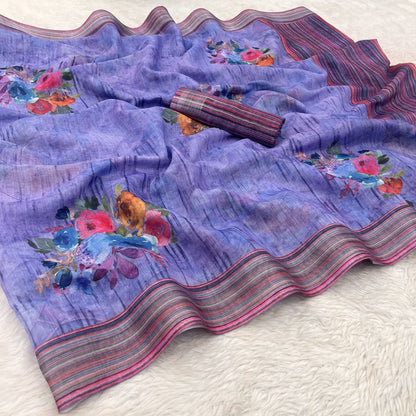 Lavender Digital Printed Linen Saree