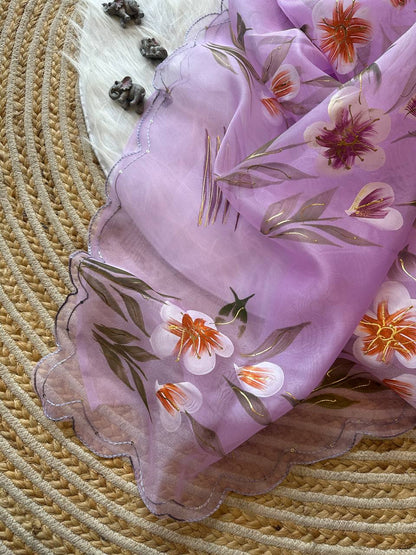 Lavender Floral Handprinted Organza Silk Saree