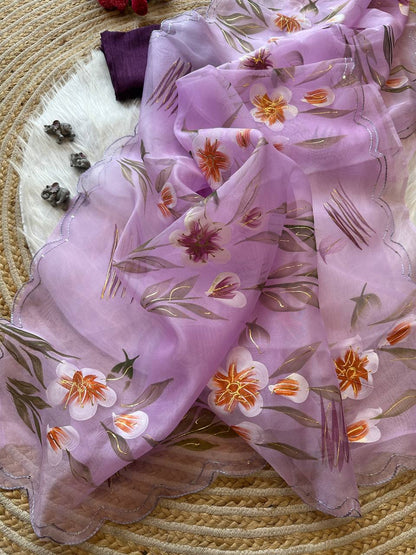 Lavender Floral Handprinted Organza Silk Saree