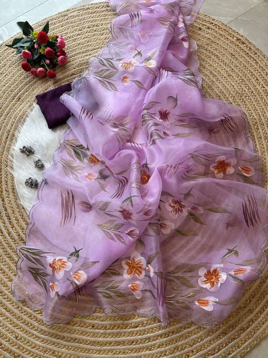 Lavender Floral Handprinted Organza Silk Saree
