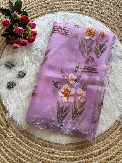 Lavender Floral Handprinted Organza Silk Saree