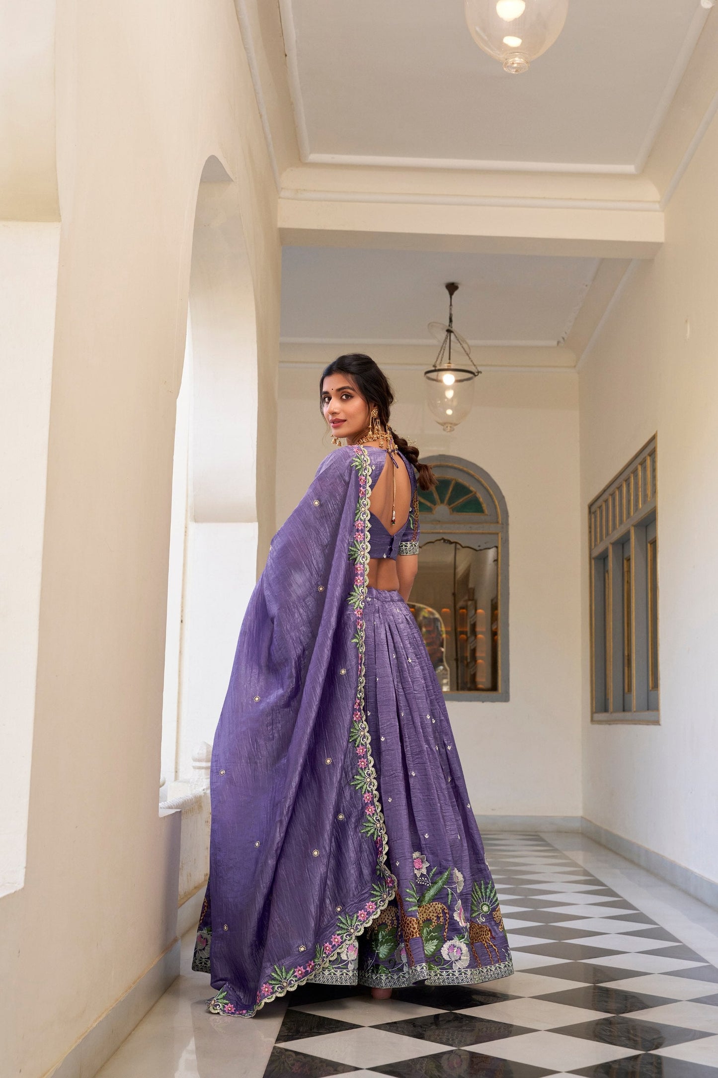 Lavender Party Wear Gold Crush Lehenga
