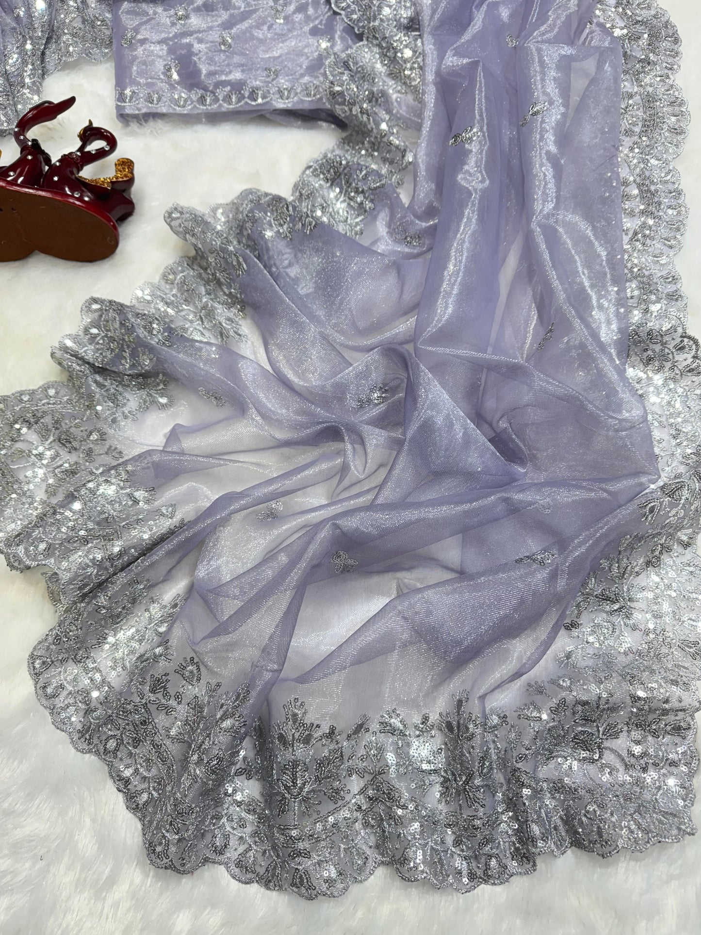 Lavender Party Wear Gold Twill Net Saree