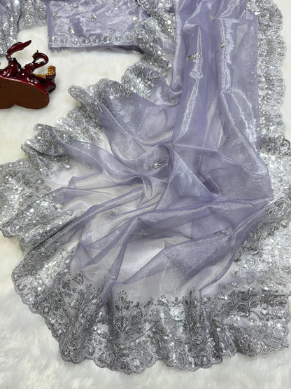 Lavender Party Wear Gold Twill Net Saree